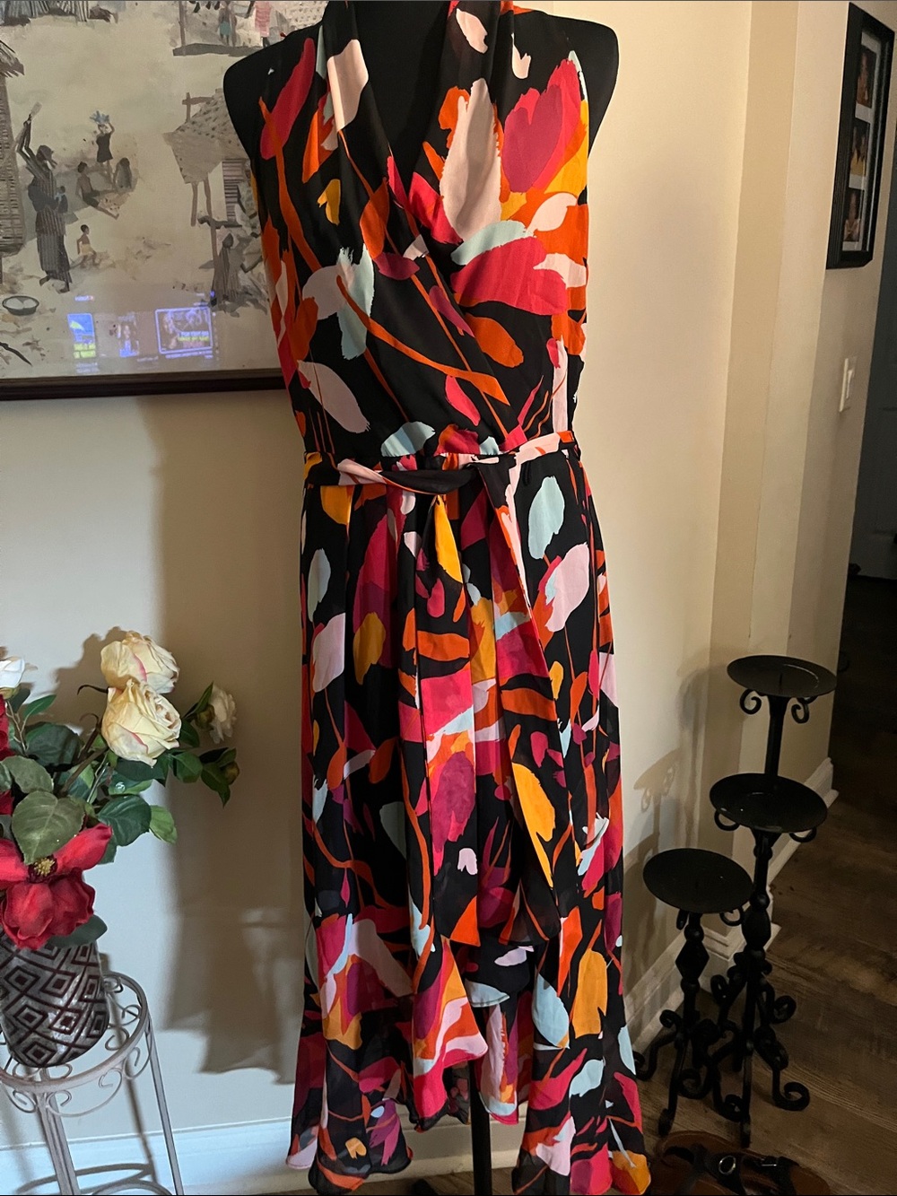 julia jordan Black Maxi Wrap Dress with Pink, Orange & Yellow Abstract Print